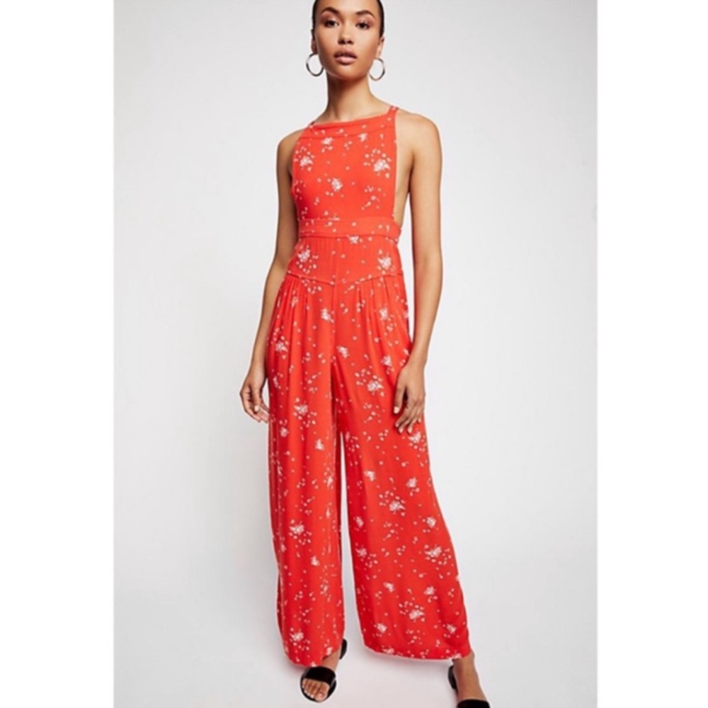 Free People Red Floral Wide Leg Jumpsuit